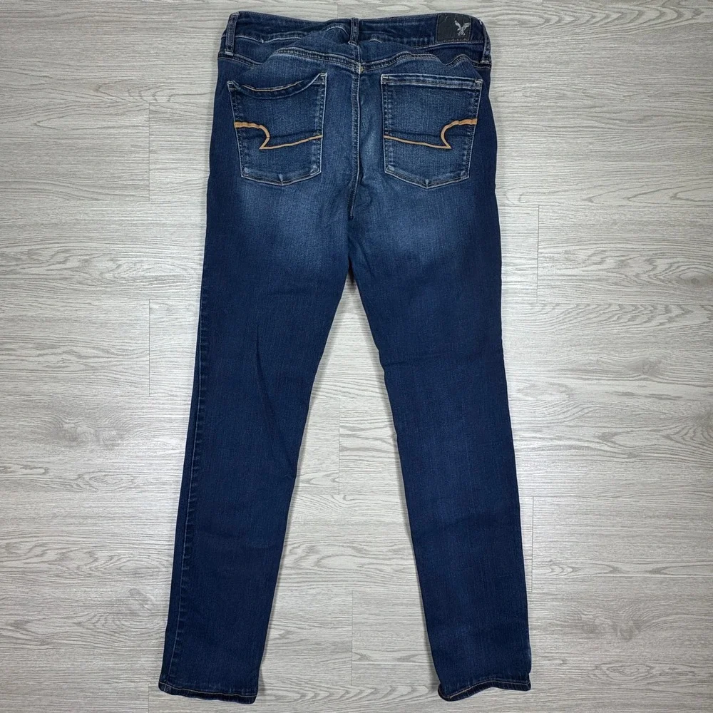 American Eagle Women Skinny Jeans Super Stretch Dark Wash 12 Long Blue Denim - Picture 2 of 9